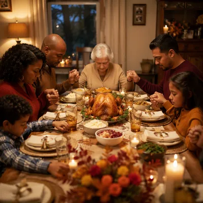 Family Prayer Around Thanksgiving Dinner Table