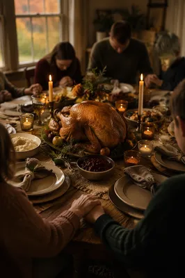 Thanksgiving Family Prayer Around Turkey Dinner