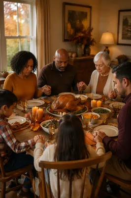 Family Praying Before Thanksgiving Dinner
