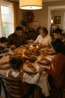Family Praying Before Thanksgiving Dinner