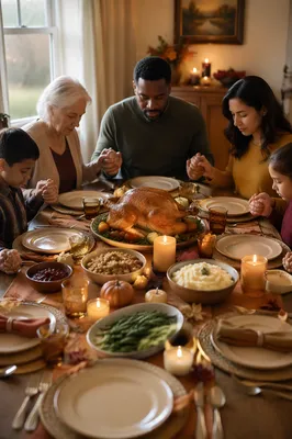 Family Praying at Thanksgiving Dinner Table