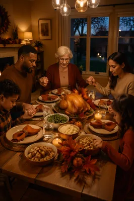 Family Praying at Thanksgiving Dinner Table