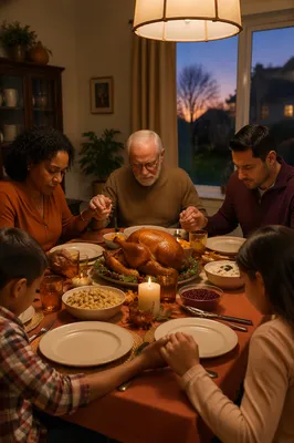 Family Prayer at Thanksgiving Dinner Table
