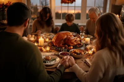 Thanksgiving Family Prayer Around Turkey Table