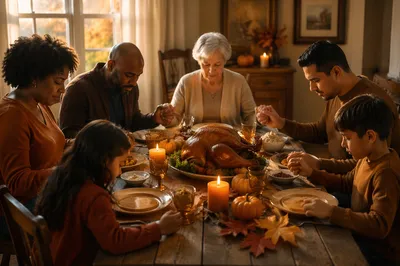 Family Praying Around Thanksgiving Dinner Table
