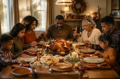 Family Prayer Around Thanksgiving Dinner Table