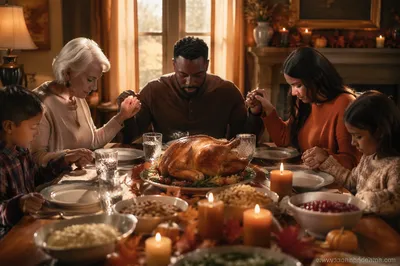 Family Prayer Around Thanksgiving Dinner Table