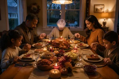 Family Praying Before Thanksgiving Dinner