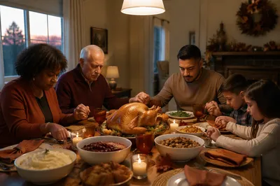 Family Prayer at Thanksgiving Dinner Table