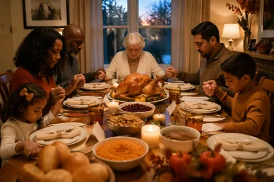 Family Praying Around Thanksgiving Dinner Table
