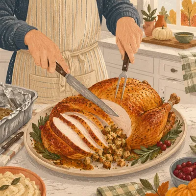 Thanksgiving Turkey Carving in Cozy Kitchen