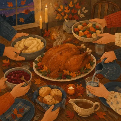 Warm Thanksgiving Turkey Feast at Table
