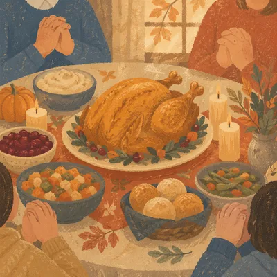 Thanksgiving Turkey Feast with Grateful Family Hands