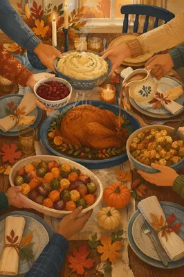 Warm Thanksgiving Turkey Feast Table Scene