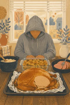 Humble Thanksgiving Dinner Table with Turkey