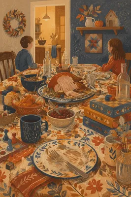 Cozy Thanksgiving Feast Table After Dinner