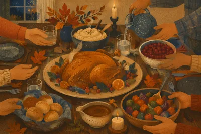 Warm Thanksgiving Turkey Feast at Table