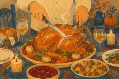 Warm Thanksgiving Turkey Feast at Candlelit Table