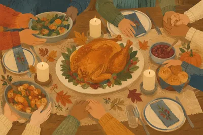Thanksgiving Turkey Feast with Grateful Hands