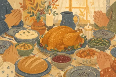 Thanksgiving Prayer Around Roasted Turkey Feast
