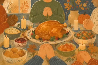Thanksgiving Turkey Feast with Grateful Family Hands