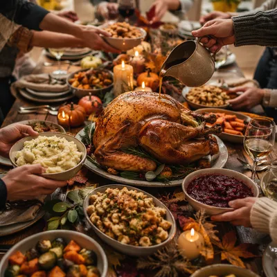 Warm Thanksgiving Turkey Feast on Wooden Table