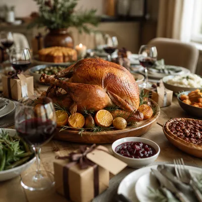 Golden Thanksgiving Turkey Feast on Dining Table