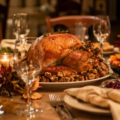Golden Thanksgiving Turkey Dinner Table