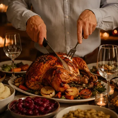 Warm Thanksgiving Turkey Feast at Dinner Table