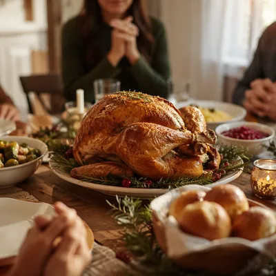 Thanksgiving Feast Table with Grateful Hands