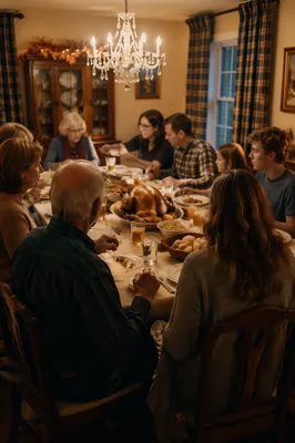 Warm Thanksgiving Turkey Dinner Around Family Table