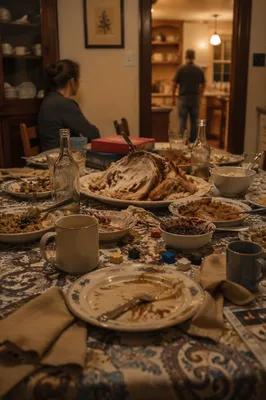 Cozy Thanksgiving Dinner Table After Feast