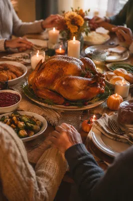 Thanksgiving Turkey Feast with Grateful Family Hands