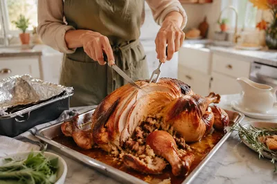 Golden Thanksgiving Turkey Carving in Modern Kitchen