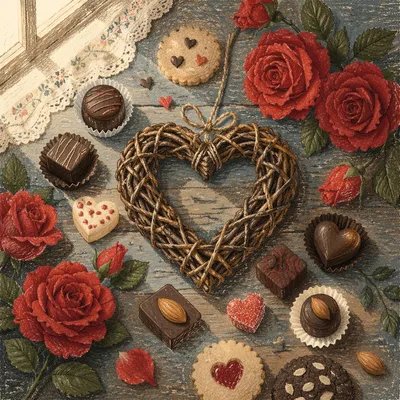 Rustic Valentine Heart with Roses and Chocolates