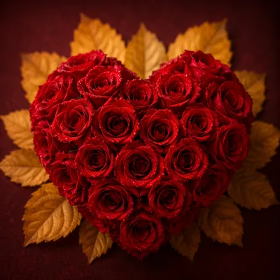 Romantic Red Rose Heart with Golden Leaves