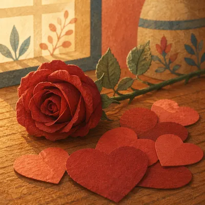 Romantic Red Rose and Paper Hearts