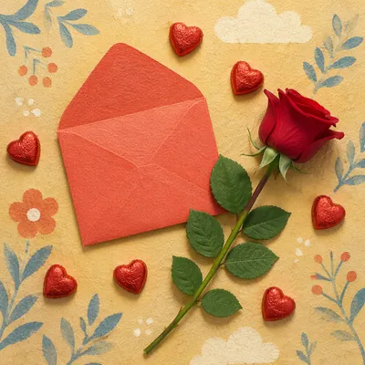 Valentines Flat Lay with Red Rose