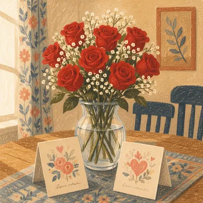Valentine Red Roses on Warm Wooden Table