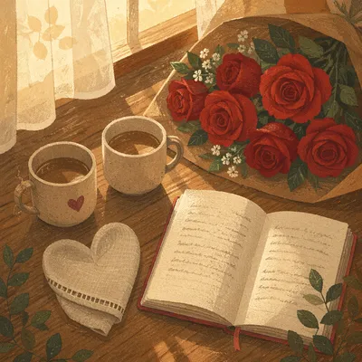 Red Roses and Mugs by Window