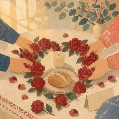 Valentine Roses Heart with Candle and Bread