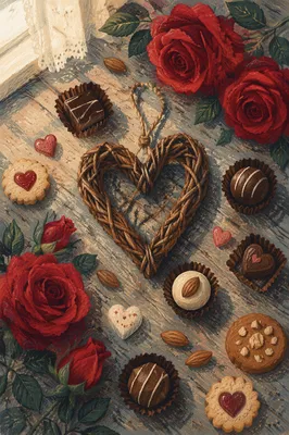 Rustic Valentine Heart with Roses and Chocolates