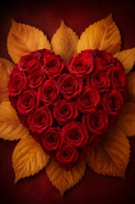 Romantic Red Rose Heart with Golden Leaves