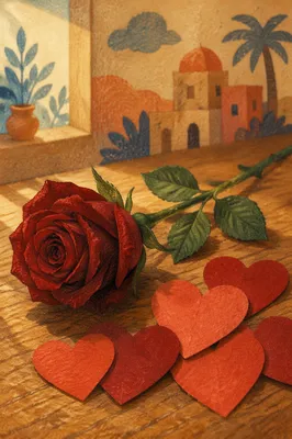 Romantic Red Rose and Paper Hearts