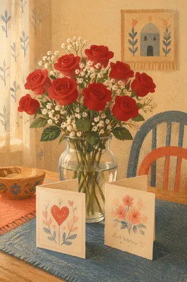Valentine Red Roses on Warm Wooden Table