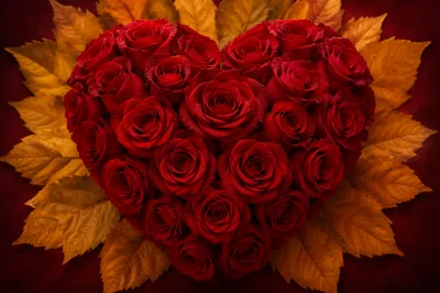 Romantic Red Rose Heart with Golden Leaves