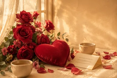 Romantic Red Roses and Velvet Heart
