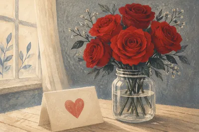 Romantic Red Roses and Heart Card