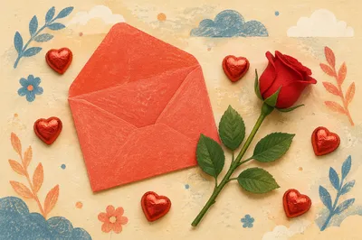 Valentines Flat Lay with Red Rose