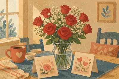Valentine Roses on Warm Wooden Table